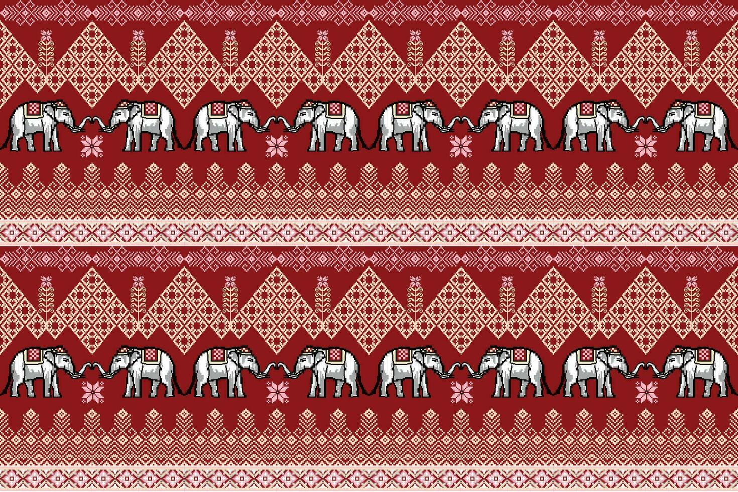 etnico tradizionale tailandese elefante pixel arte senza soluzione di continuità modello. vettore design per tessuto, tappeto, piastrella, ricamo, sfondo, e sfondo.