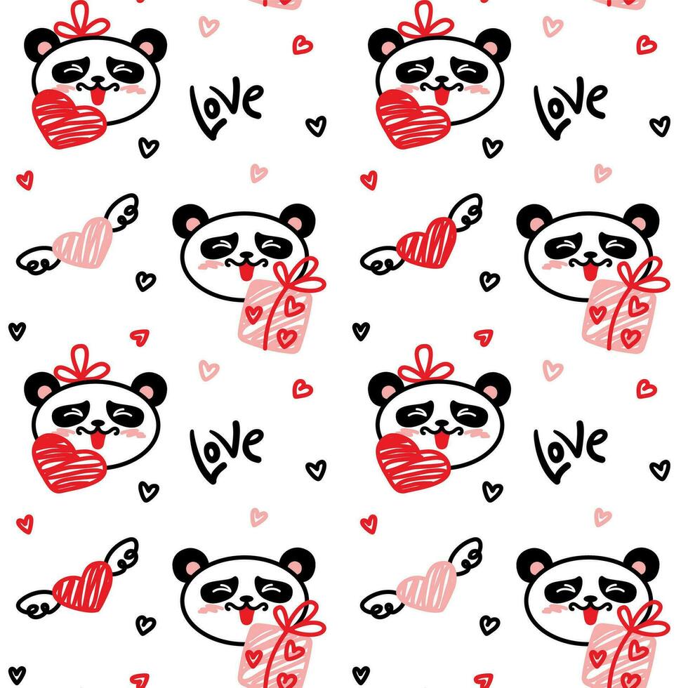 carino panda con cuori. San Valentino giorno. amore. senza soluzione di continuità modello. vettore