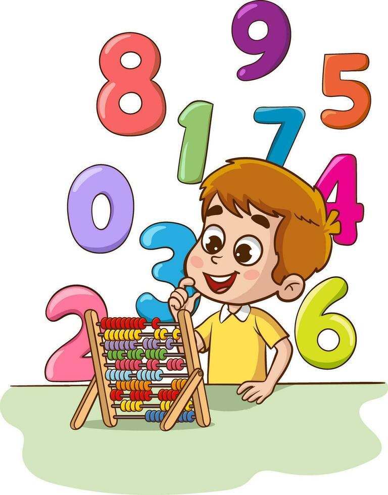 ragazzo con abaco e numeri. vettore illustrazione di un' bambino apprendimento matematica.