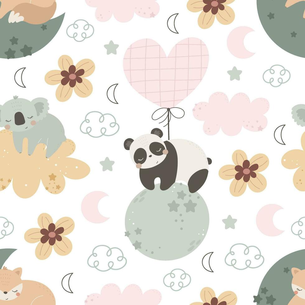 senza soluzione di continuità modello con carino koala, Volpe, panda, arredamento elementi. semplice piatto vettore. mano disegno per bambini. animale tema. bambino design per tessuto, tessile, involucro, Stampa. vettore