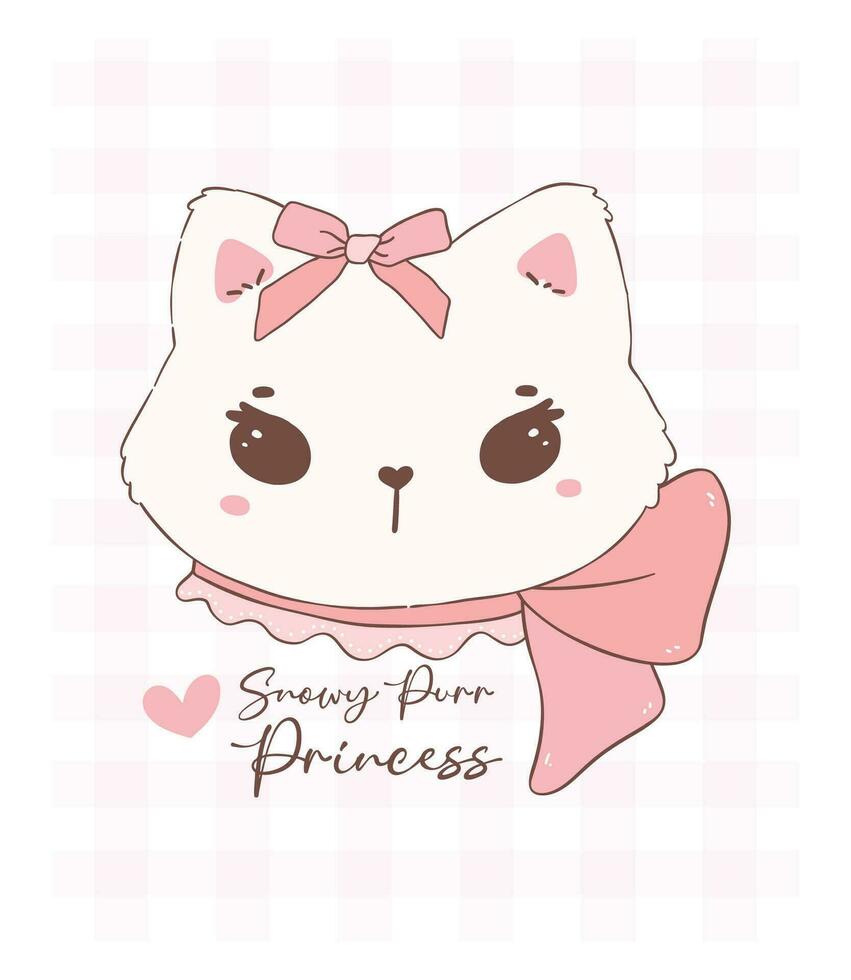 carino civetta gatto viso con San Valentino soffice bianca gattino adrone con rosa nastro arco, adorabile animale domestico animale scarabocchio illustrazione mano disegno. vettore