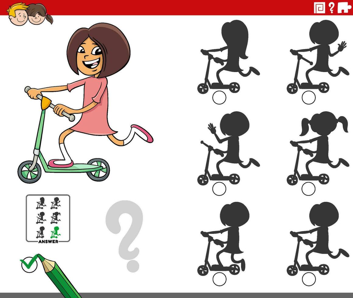 ombra attività gioco con cartone animato ragazza su un' spingere scooter vettore