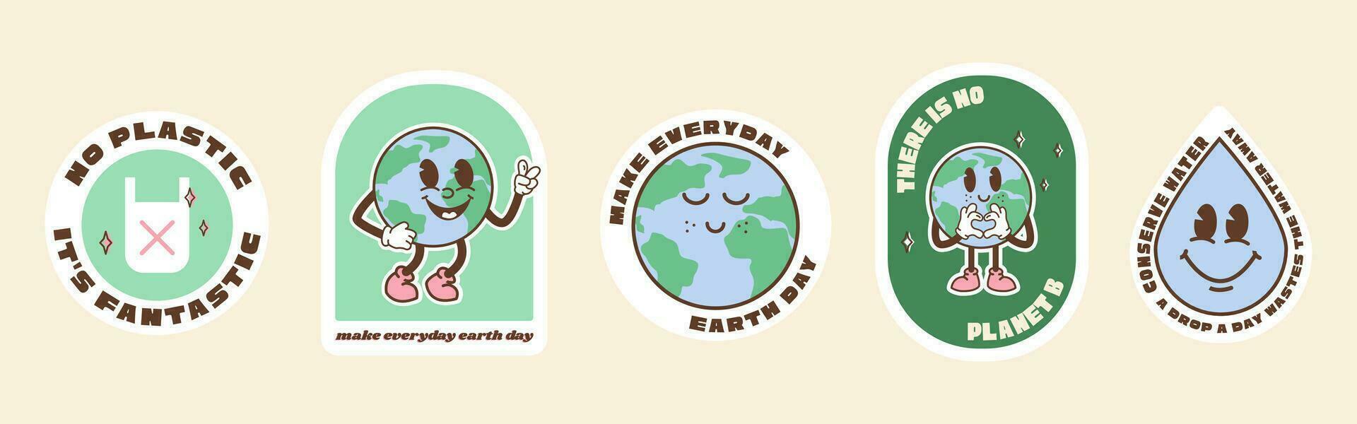 Salva il pianeta adesivi nel di moda retrò cartone animato stile. etichetta imballare per terra o mondo ambiente giorno. divertente vettore illustrazione di pianeta terra, globo con sorridente viso. eco verde etichette o distintivi.