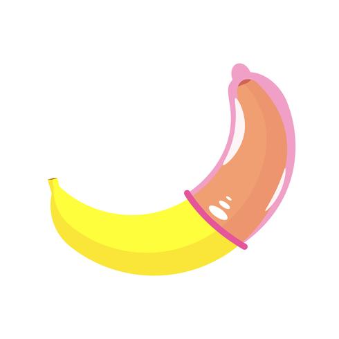 Preservativo su una banana. Contraccezione, banner per l&#39;educazione sessuale. Illustrazione piatta vettoriale