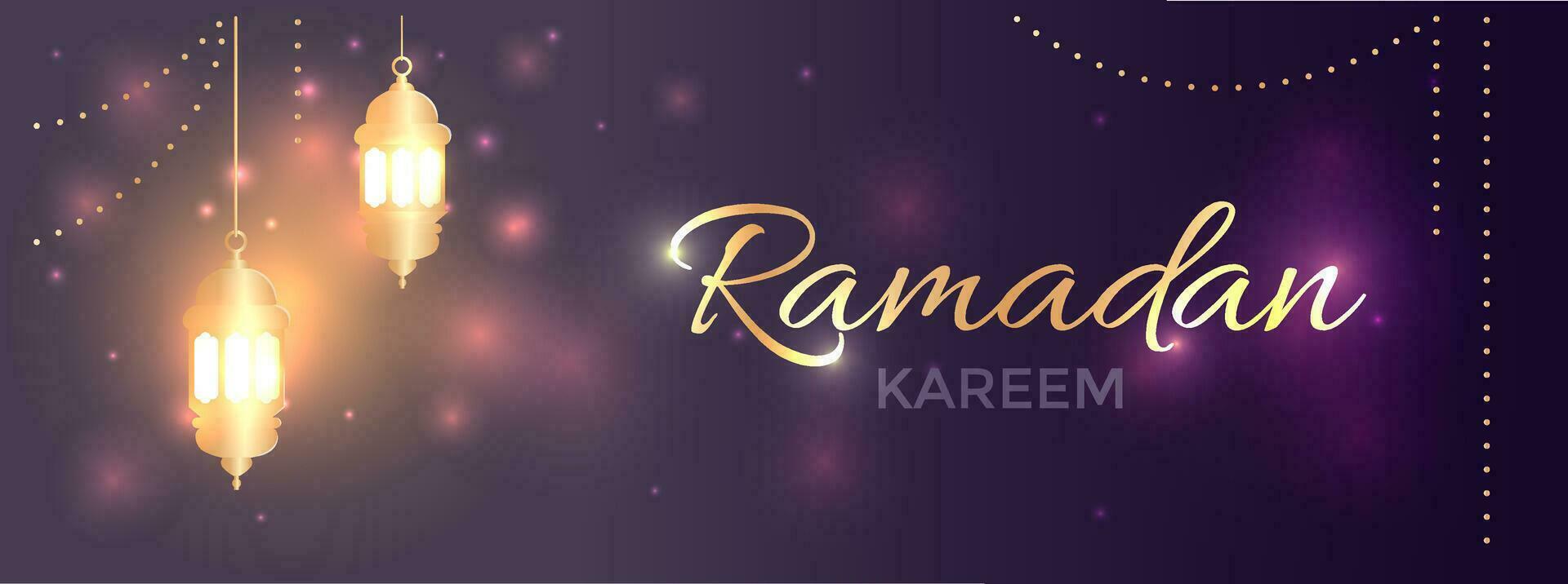 moderno islamico vacanza striscione, adatto per Ramadan, raya Hari, eid al adha e mawlid. un' illuminato su d'oro lanterne su sereno sera viola sfondo con luci e decorazione a partire dal perline. vettore
