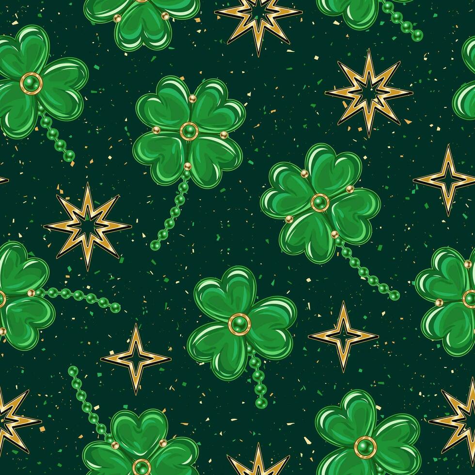 st patricks giorno senza soluzione di continuità modello con trifoglio, fortunato trifoglio, d'oro stelle, strutturato buio sfondo. Vintage ▾ illustrazione per stampe, tessile, superficie design vettore