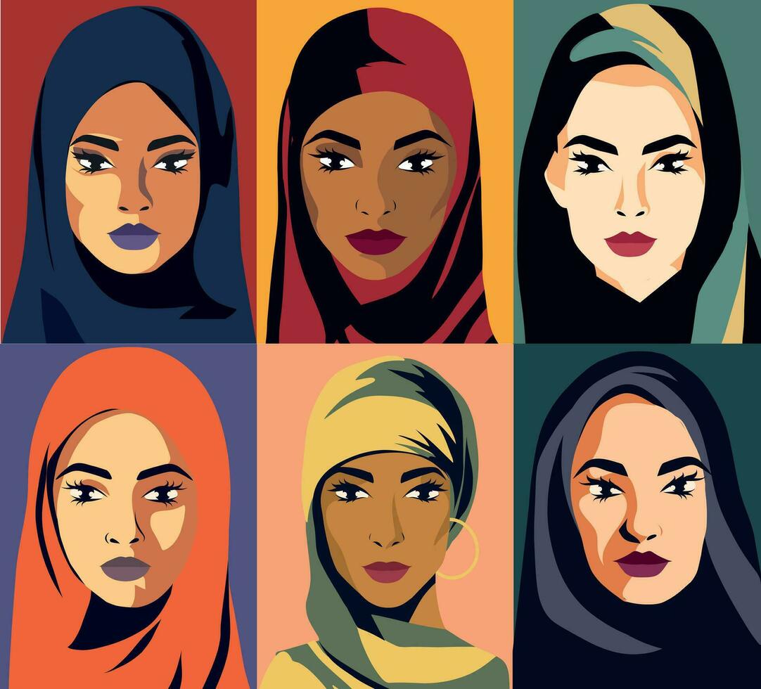 impostato di musulmano donne avatar. ritratti di giovane arabo ragazze su un' luminosa sfondo. piatto grafico vettore illustrazione su bianca sfondo