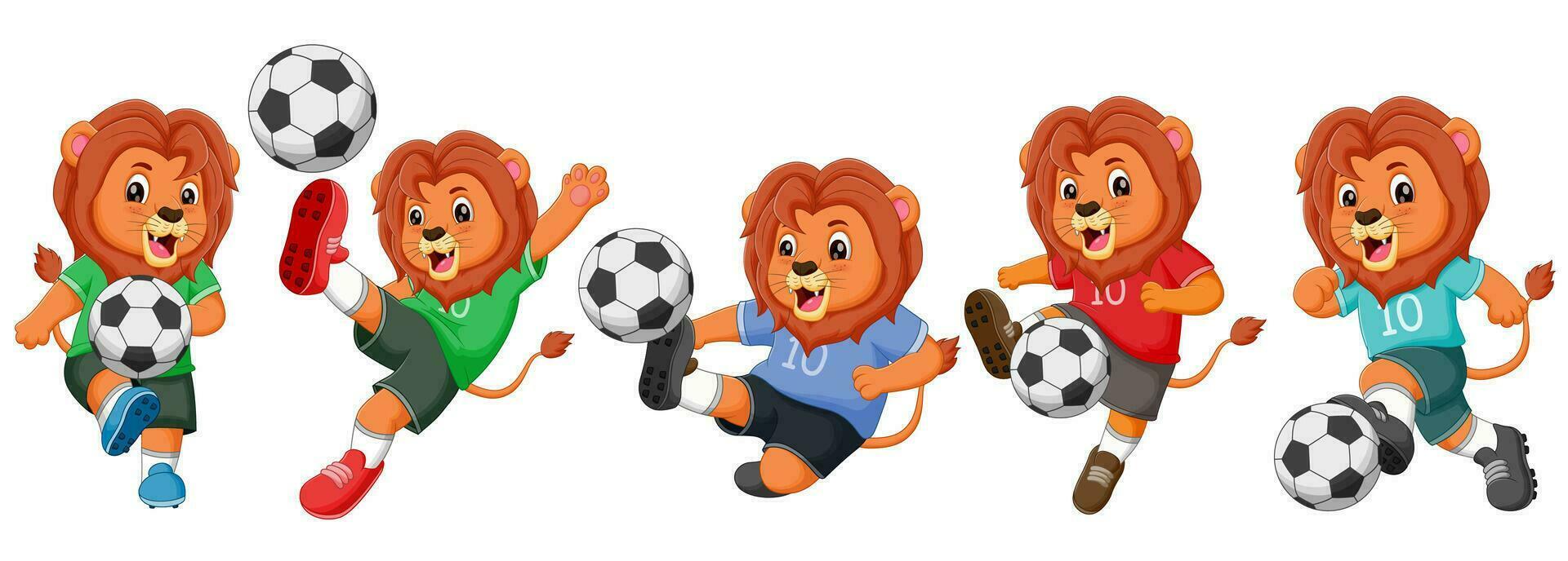 impostato di leoni cartone animato giocando calcio. vettore illustrazione