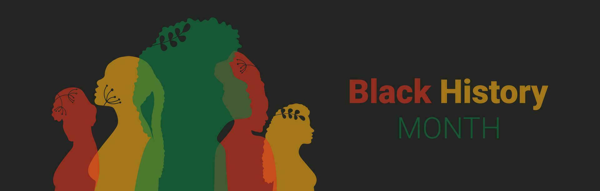 nero storia mese striscione. multicolore sagome di africano donne su un' buio sfondo. contento vacanza nel febbraio 2024. vettore
