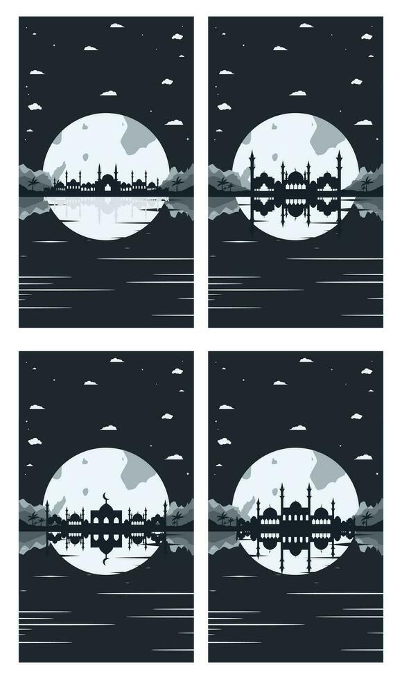 collezione di moschea silhouette sfondi con montagne e pieno Luna nel il sfondo vettore