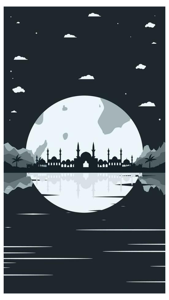 moschea silhouette con montagne e pieno Luna nel il sfondo vettore