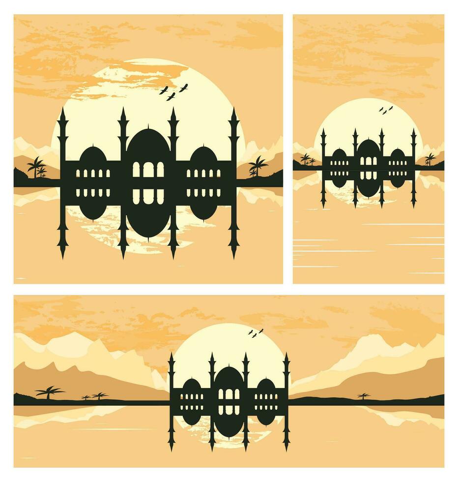 collezione di moschea silhouette con montagne e tramonto nel il sfondo vettore