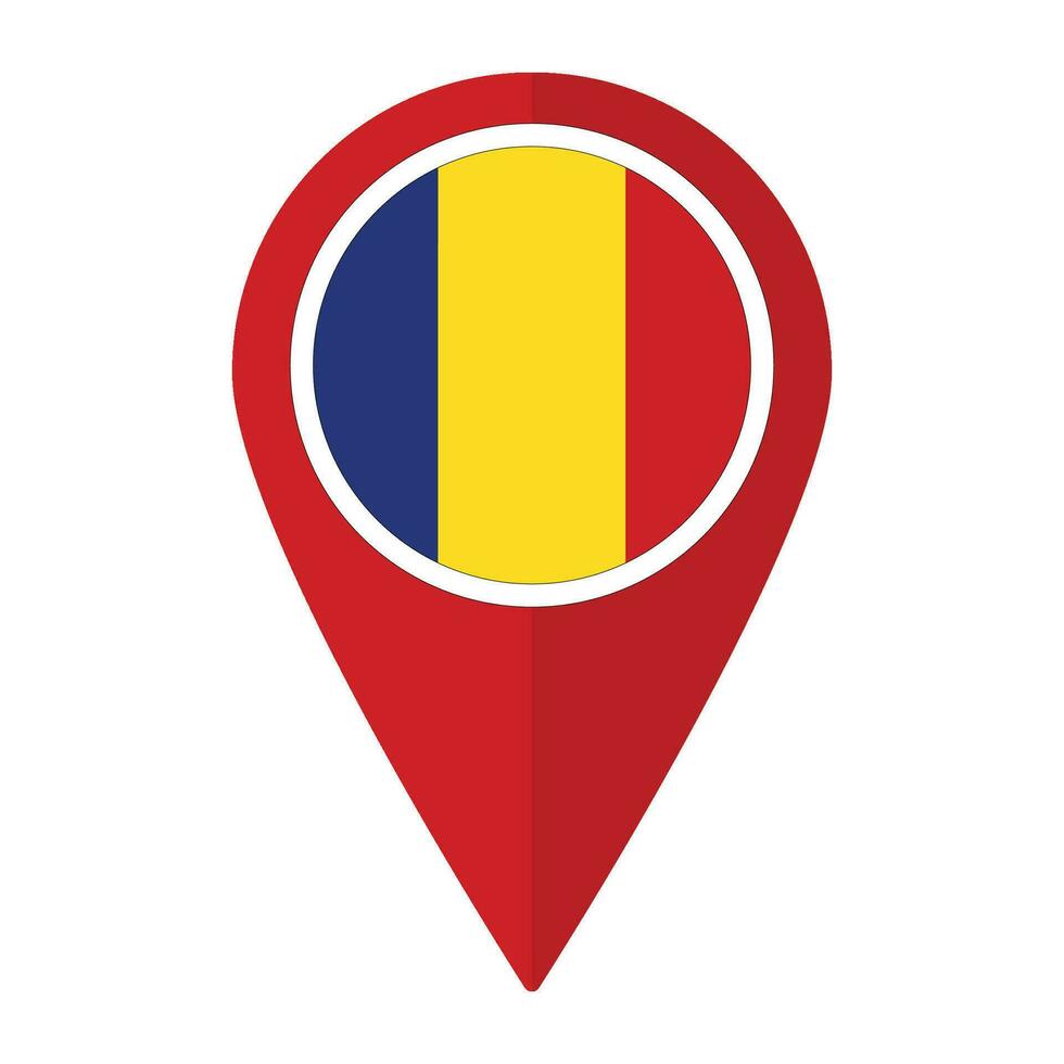 Romania bandiera su carta geografica Pinpoint icona isolato. bandiera di Romania vettore