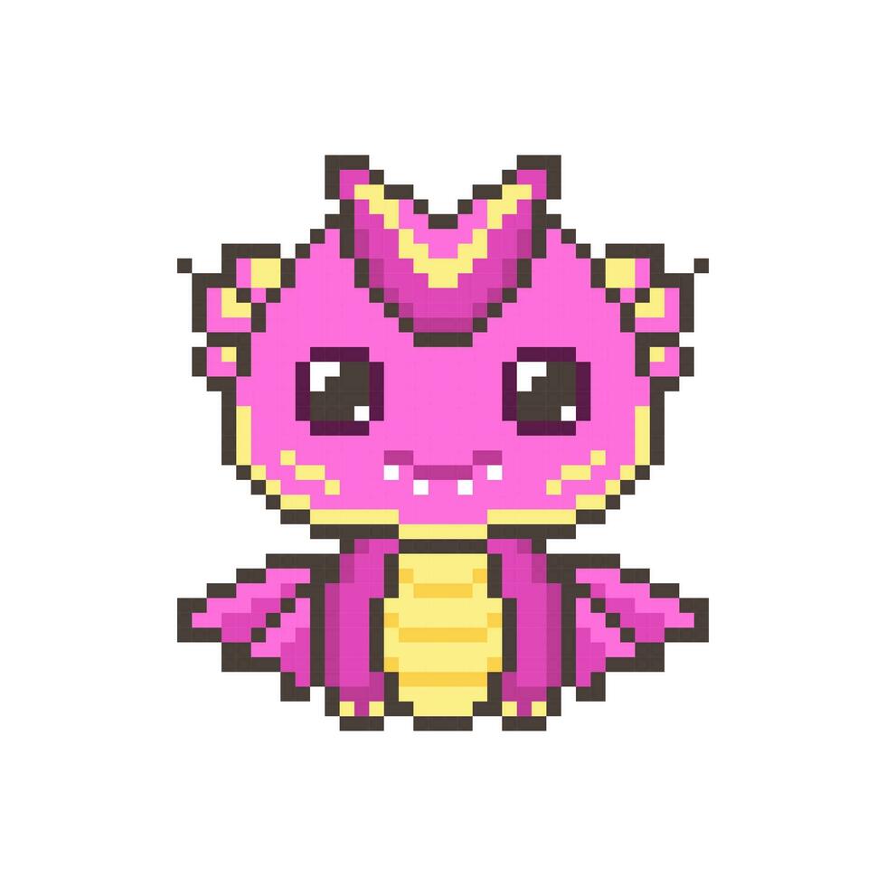 divertente rosa pixel magico draghi. kawaii colorato carino dinosauro con fantasia 8 bit grafica e corna con leggendario sorridente poco vettore mostri