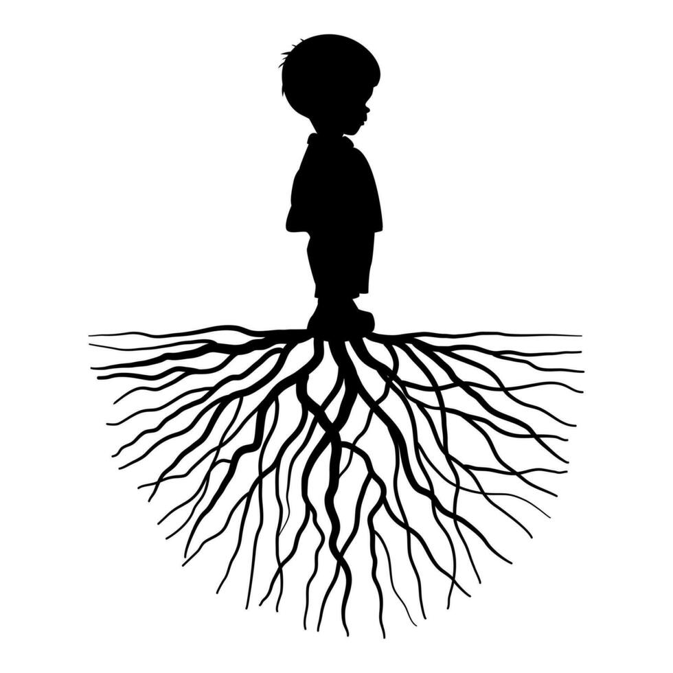 silhouette di un' bambino con radice vettore