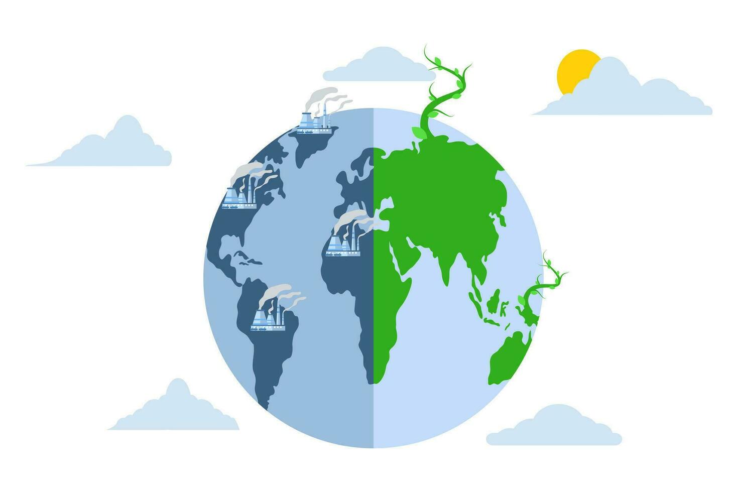 concetto di verde energia e aria inquinamento. a carbone energia impianti produrre inquinanti co2 emissioni e siamo pulito e sostenibile energia impianti con rinnovabile energia. clima modificare concetto. piatto vettore