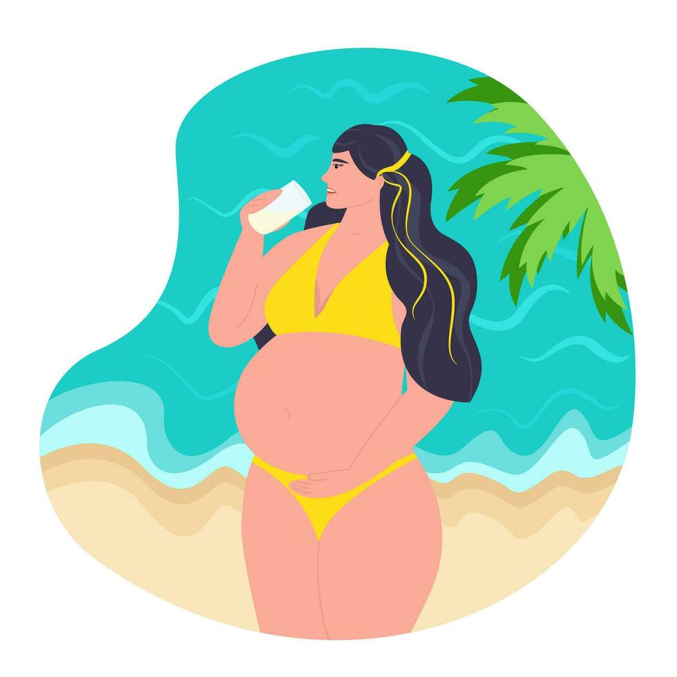 un' giovane incinta donna nel un' costume da bagno bevande acqua a partire dal un' bicchiere su il spiaggia. salutare stile di vita concetto. mare sfondo con leggero onde e sabbia. palma. vettore illustrazione