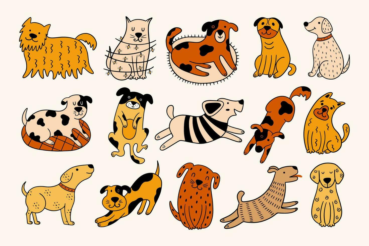 impostato di 15 disegnato a mano cani su un' beige sfondo. vettore