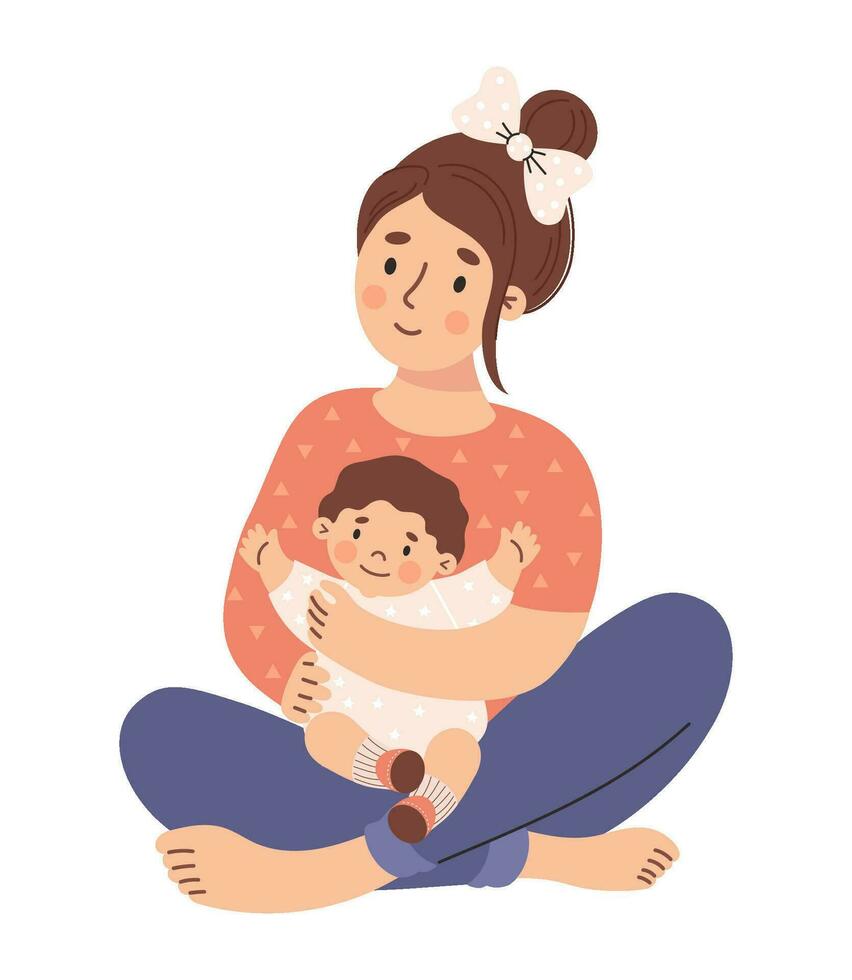 contento donna con piccolo bambino. carino femmina personaggio madre con bambino. vettore illustrazione nel piatto stile.