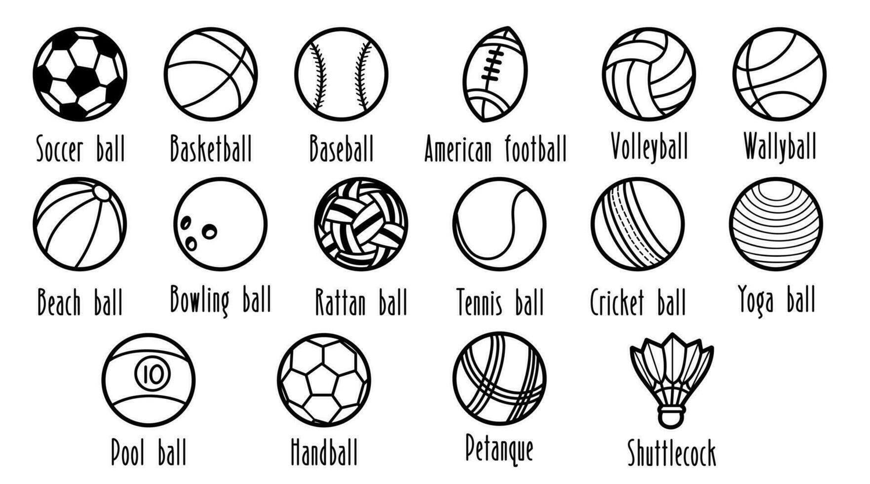 collezione di vario gli sport palle e attrezzatura, icone scarabocchio linea arte stile, vettore illustrazione.