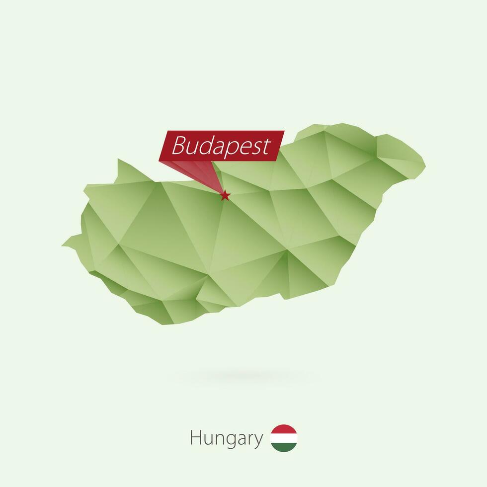 verde pendenza Basso poli carta geografica di Ungheria con capitale budapest vettore