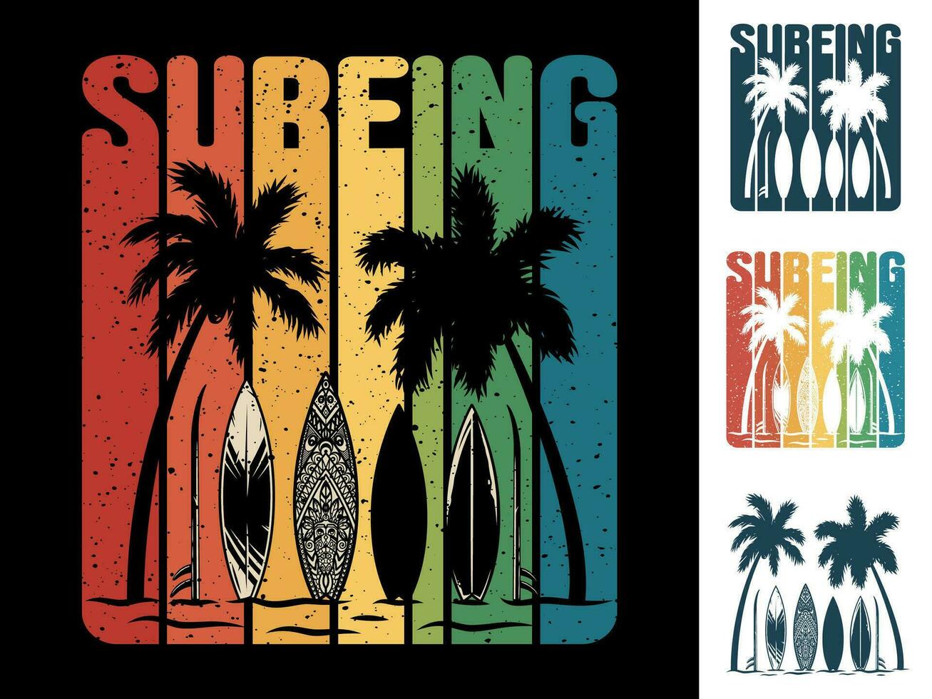Stampa impostato di surfer spiaggia palma e fare surf tavola vettore