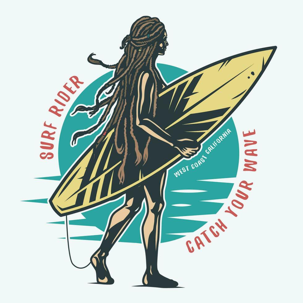 silhouette di ragazza surfer su spiaggia, fare surf tavola vettore