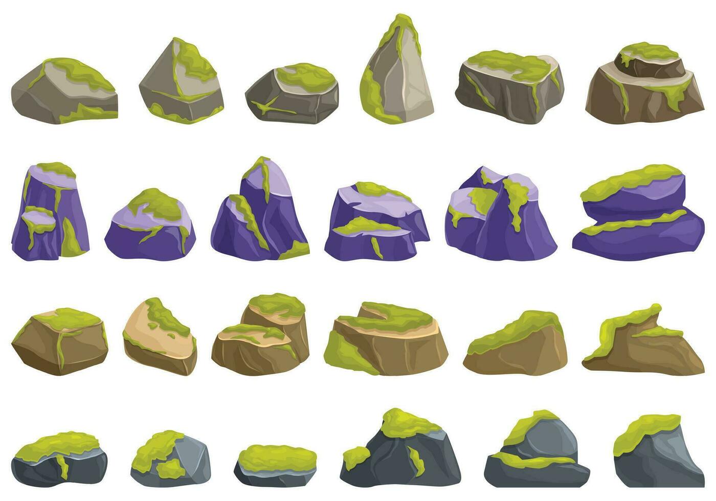 muschio pietre icone impostato cartone animato vettore. palude lichene roccia vettore