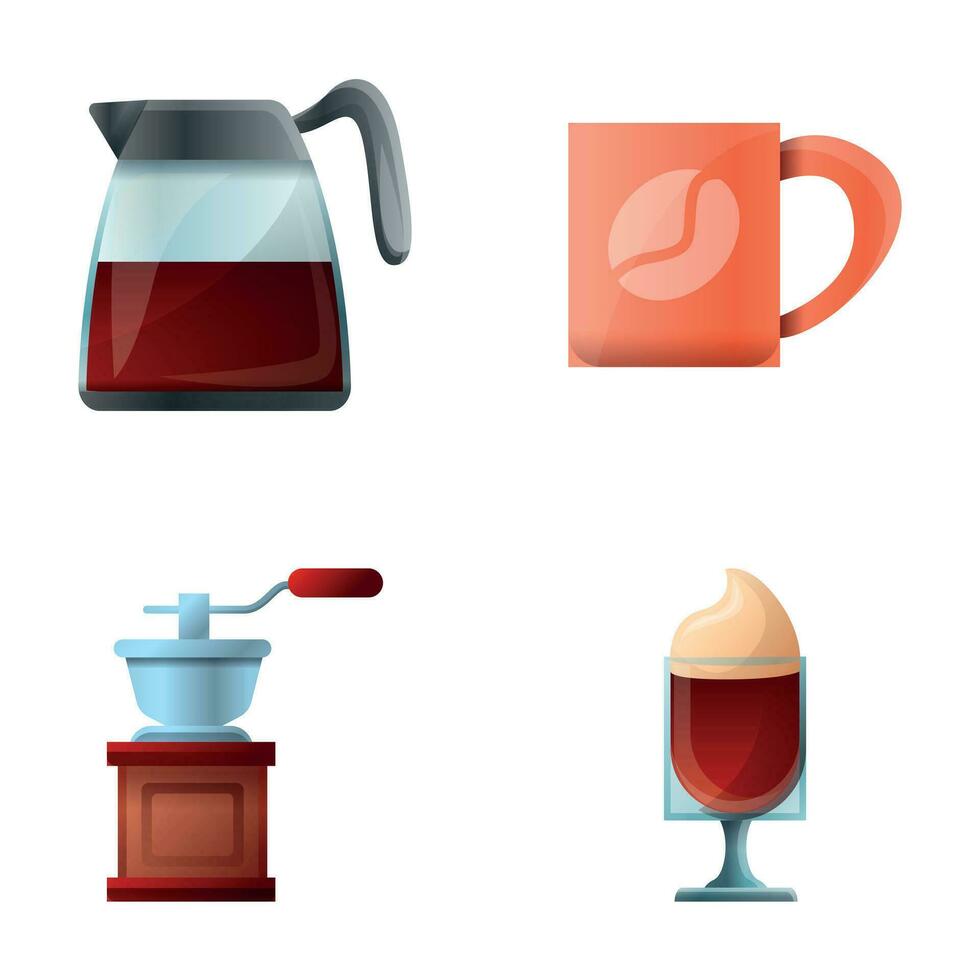 caffè icone impostato cartone animato vettore. Manuale caffè macinino e bollitore vettore