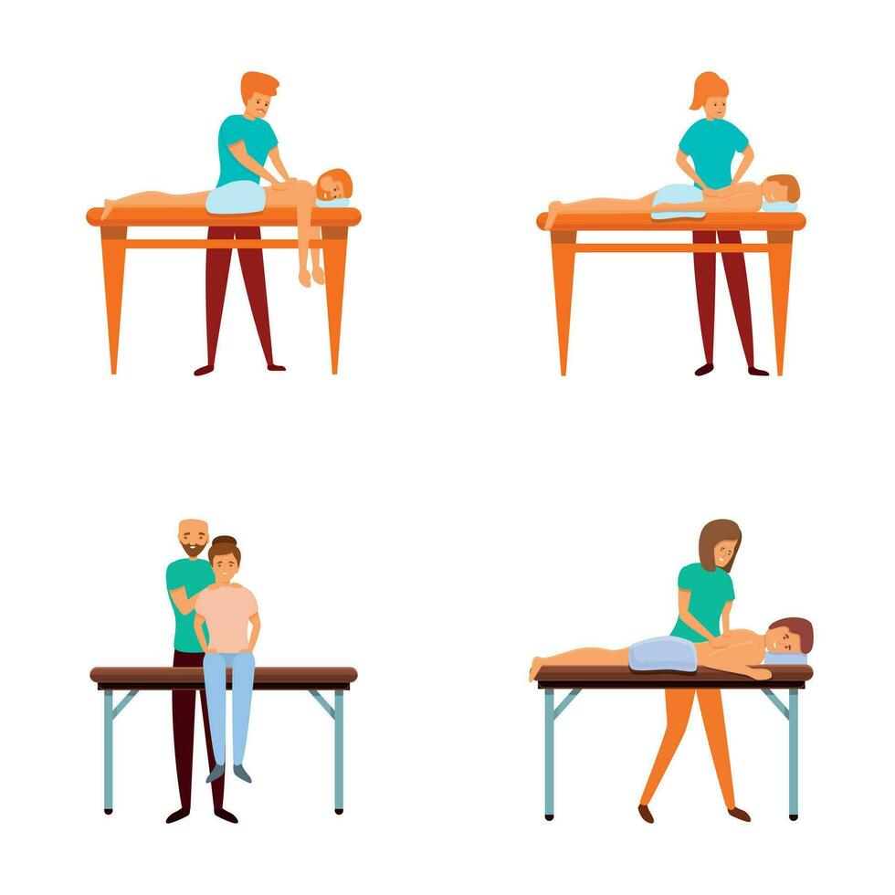 massaggio procedura icone impostato cartone animato vettore. massaggiatore fare guarigione trattamento vettore
