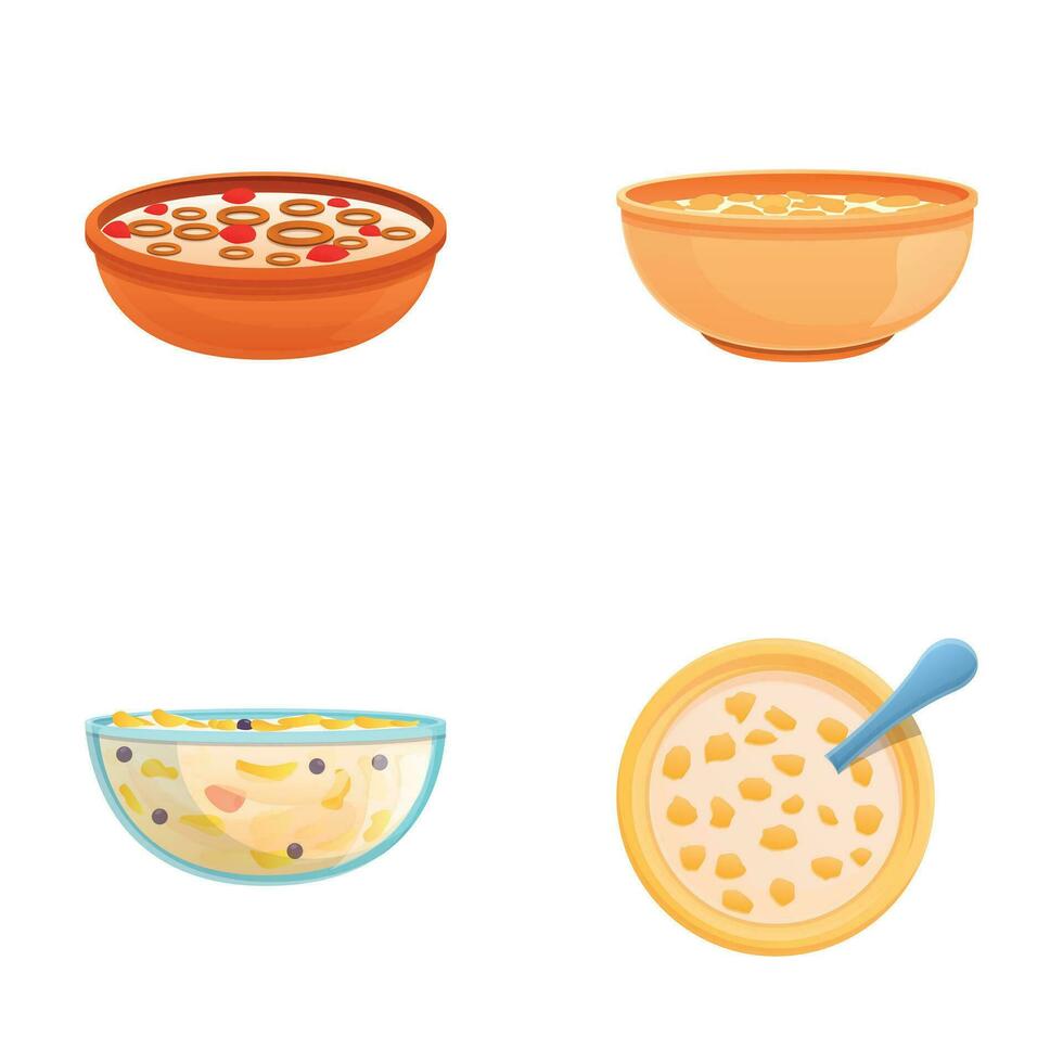 prima colazione cereale icone impostato cartone animato vettore. cereale fiocchi con latte e frutta vettore