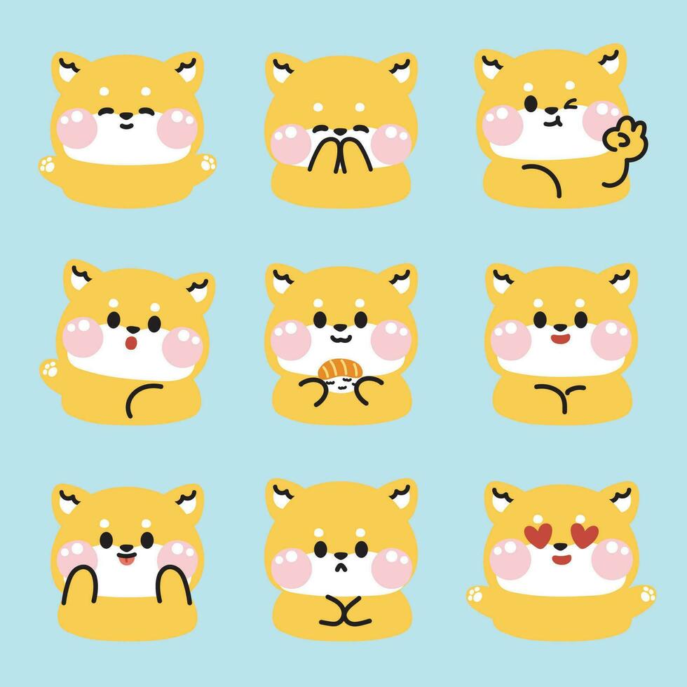 impostato di carino shiba inu cane viso nel vario pose sensazione su blu sfondo.giapponese animale domestico animale personaggio cartone animato design.puppy mano disegnato collection.kawaii.vettore.illustrazione. vettore