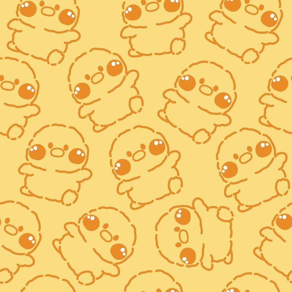 senza soluzione di continuità modello di carino pollo linea mano disegnato nel allegro pose su giallo background.farm animale cartone animato.gallina.uccello.pulcino.bambino abbigliamento.stampa schermo.kawaii.vettore.illustrazione. vettore