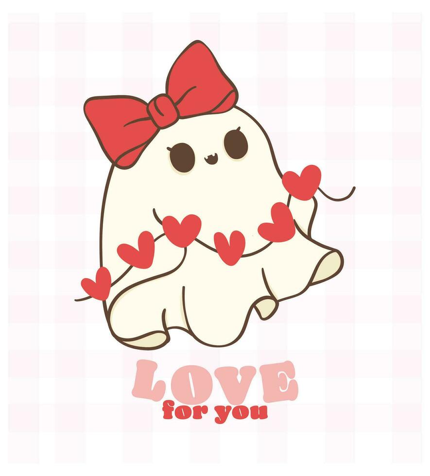 carino retrò San Valentino fantasma con amore cuori, kawaii San Valentino spaventoso amore scarabocchio mano disegno, saluto carta, camicia design. vettore