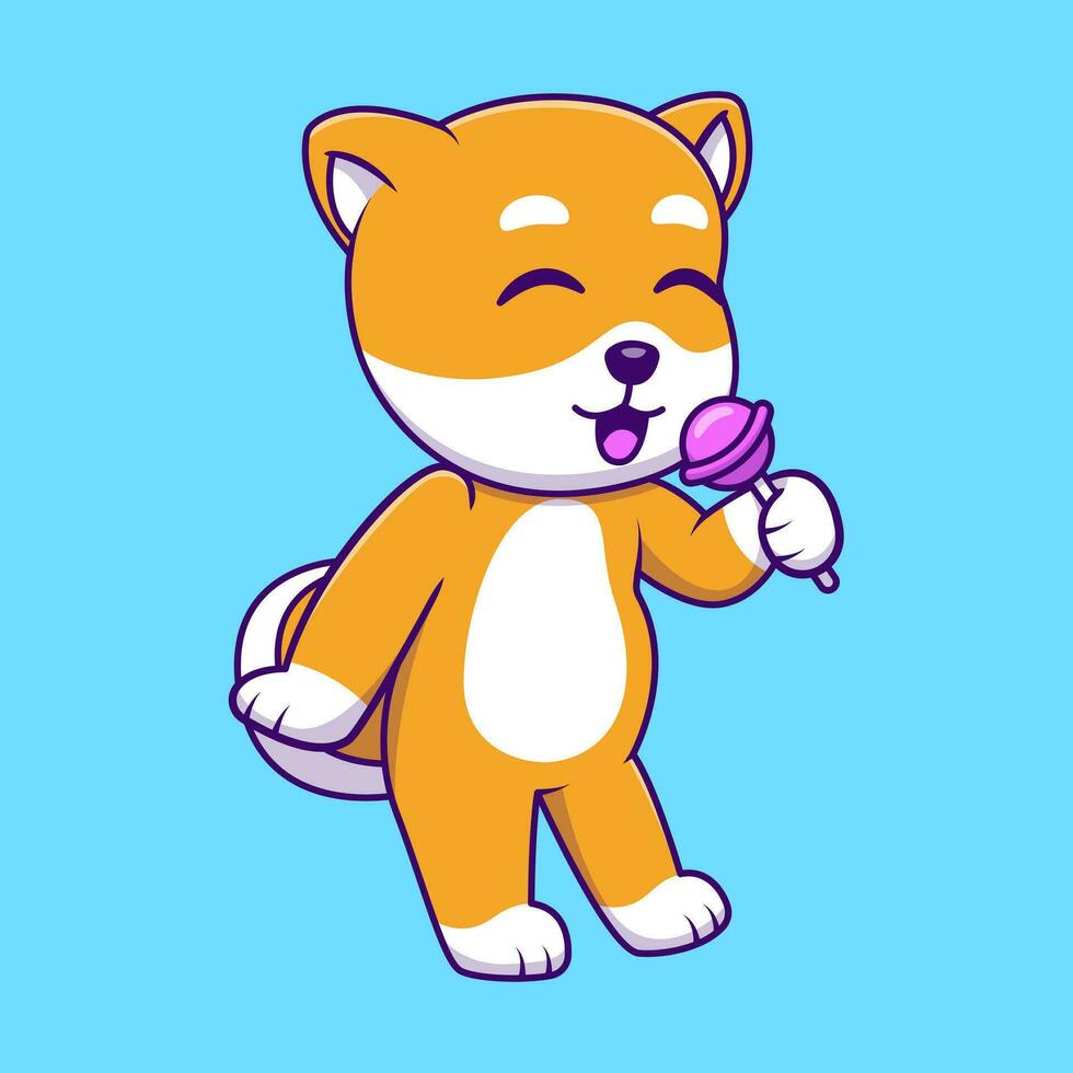 carino shiba inu mangiare lecca-lecca cartone animato vettore icone illustrazione. piatto cartone animato concetto. adatto per qualunque creativo progetto.