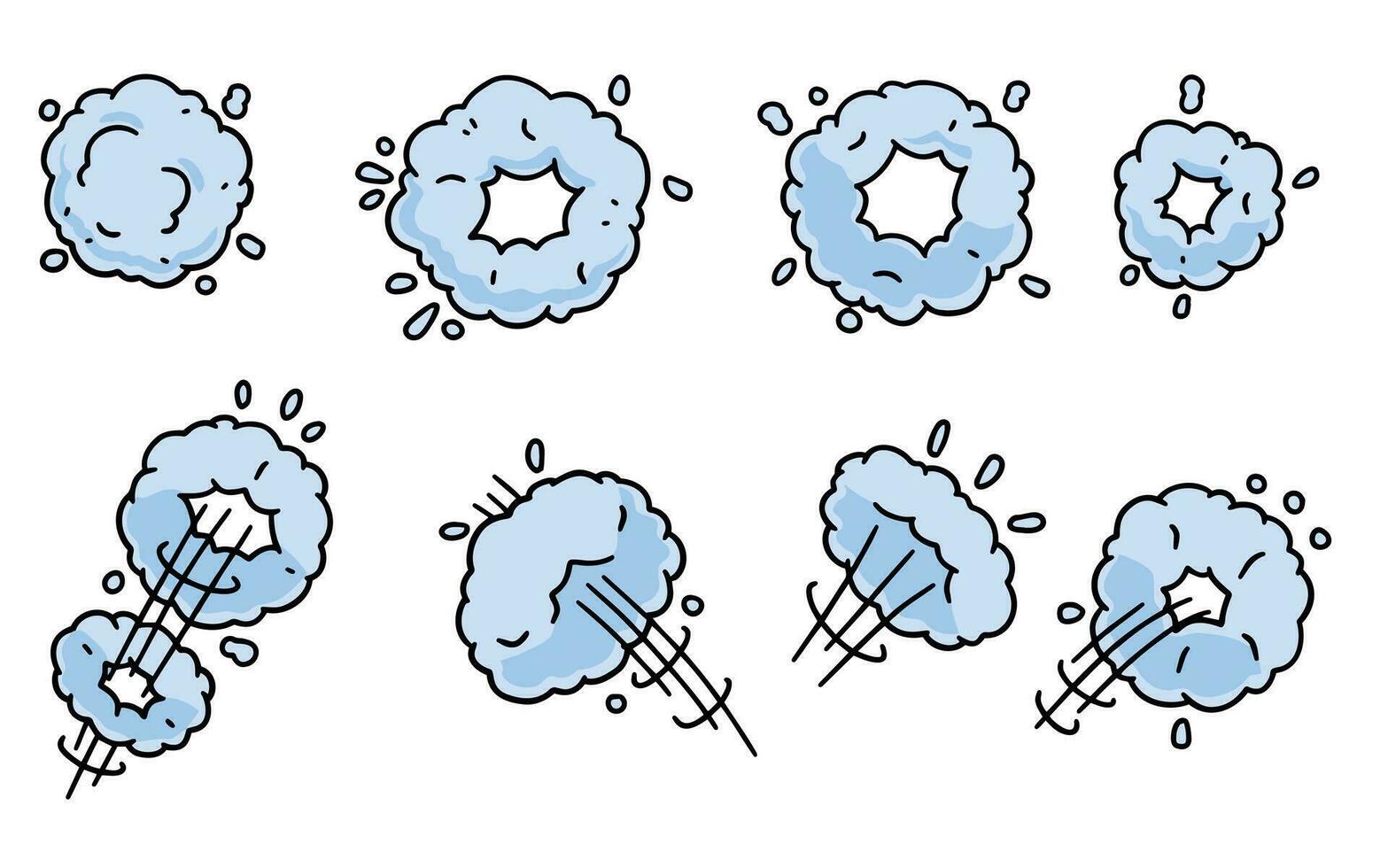 comico bolla nube. traccia e traccia. un astratto elemento di movimento. cartone animato nero e bianca illustrazione. impostato di divertente Fumo e vapore. vettore