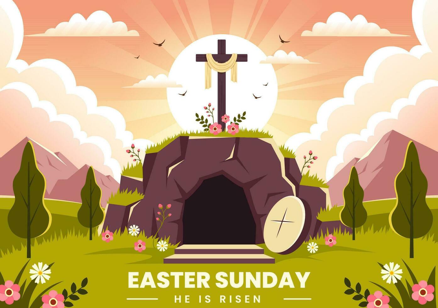 contento Pasqua Domenica vettore illustrazione di Gesù, lui è aumentato e celebrazione di risurrezione con grotta e il attraversare nel piatto cartone animato sfondo