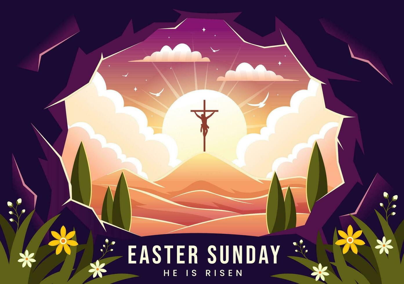 contento Pasqua Domenica vettore illustrazione di Gesù, lui è aumentato e celebrazione di risurrezione con grotta e il attraversare nel piatto cartone animato sfondo