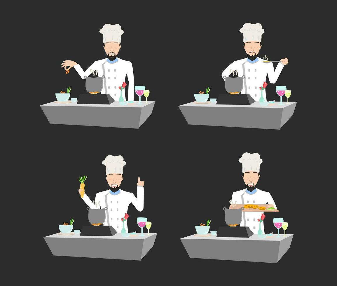 cucina sinfonia - cartone animato capocuoco illustrazioni visualizzazione il grazia e abilità di bianca in uniforme culinario esperti vettore