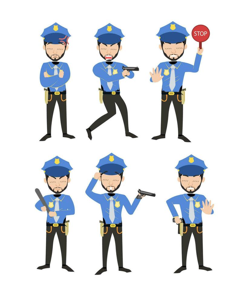 poliziotto illustrazione nel vario pose con blu uniforme. cartone animato vettore imposta.