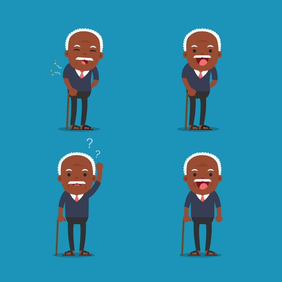 africano americano le persone, vecchio uomo. Nonno nel 4 diverso pose. vettore isolato illustrazione.