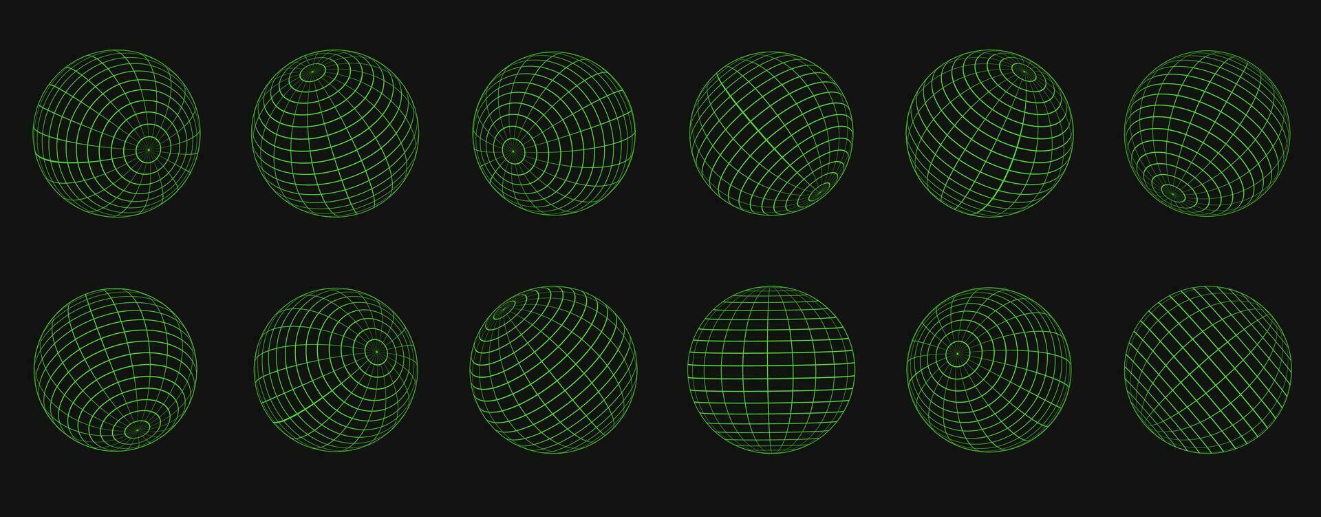 neon globo griglia sfere collezione. a strisce 3d sfere, geometria globo griglia, terra latitudine e longitudine linea griglia vettore simbolo impostare. sferico griglia globo forme. illustrazione globo a strisce