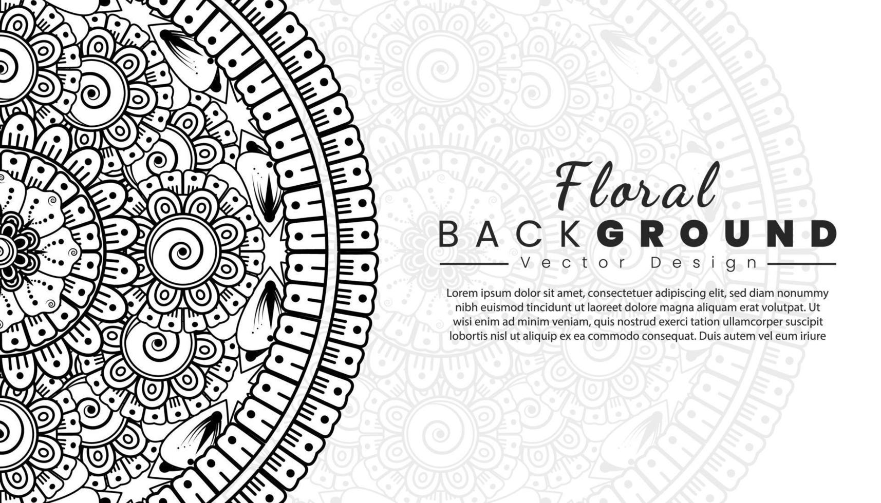 sfondo con fiori mehndi. linee nere su sfondo bianco. banner o modello di carta vettore