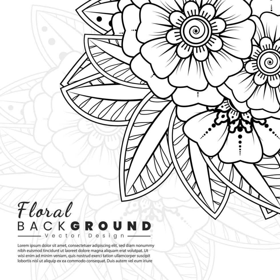 sfondo con fiori mehndi. linee nere su sfondo bianco. banner o modello di carta vettore