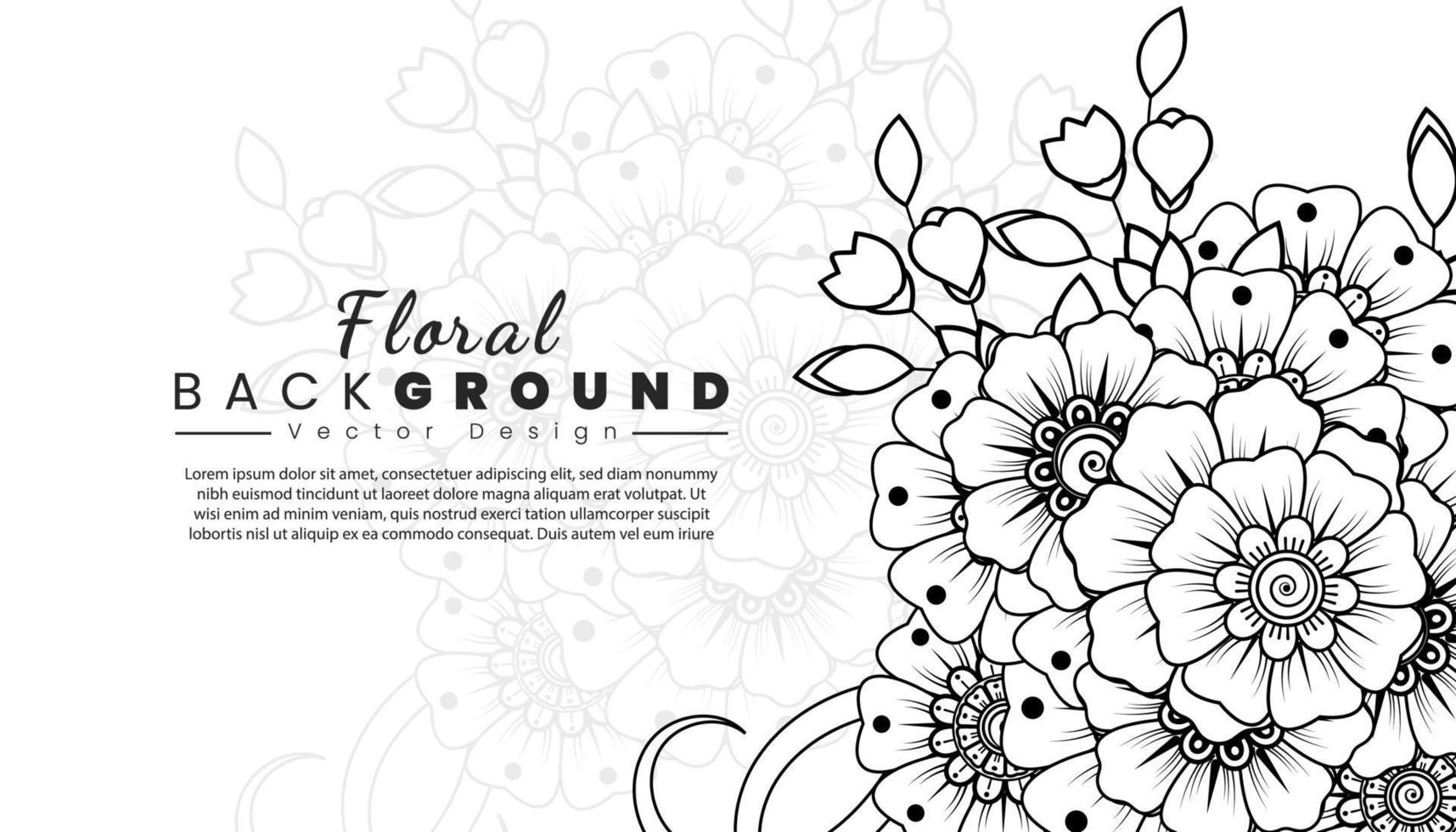 sfondo con fiori mehndi. linee nere su sfondo bianco. banner o modello di carta vettore