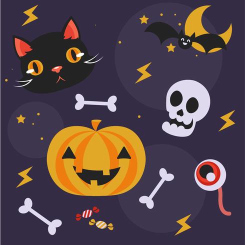 Simpatico set di oggetti per Halloween. Gatto, zucca, caramelle, occhio, pipistrello. Illustrazione piatta vettoriale