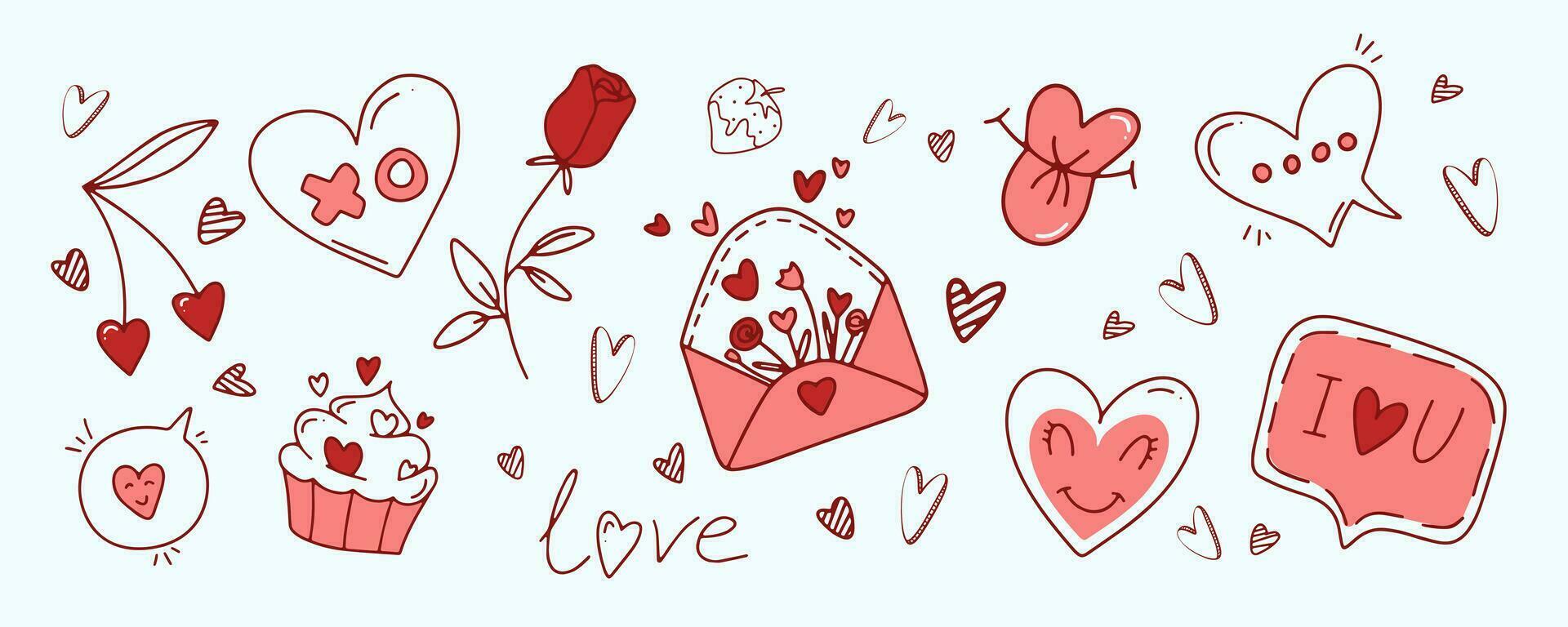 impostato di disegnato a mano cuori e amore elementi nel linea stile per San Valentino giorno. schema scarabocchio amore tema impostare, romanza. carino design per carte, striscioni, volantini, invito, blog, involucro carta, stampe. vettore