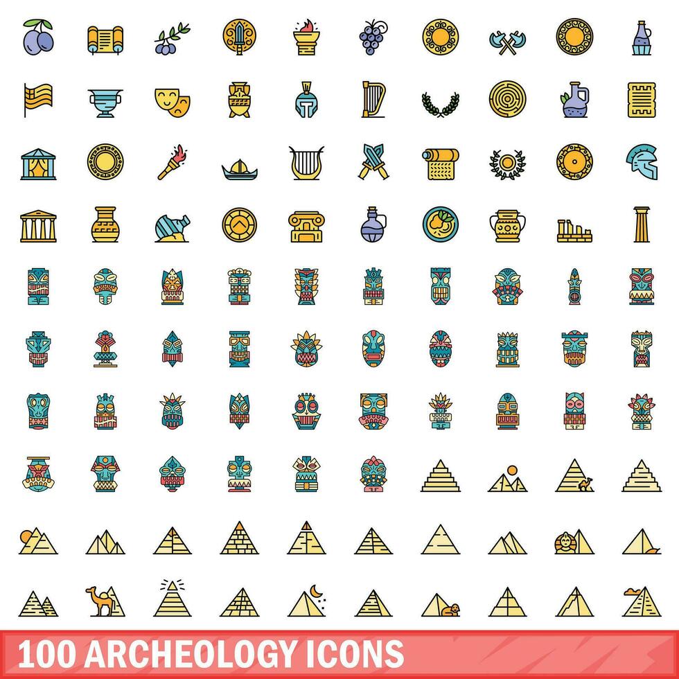 100 archeologia icone impostare, colore linea stile vettore