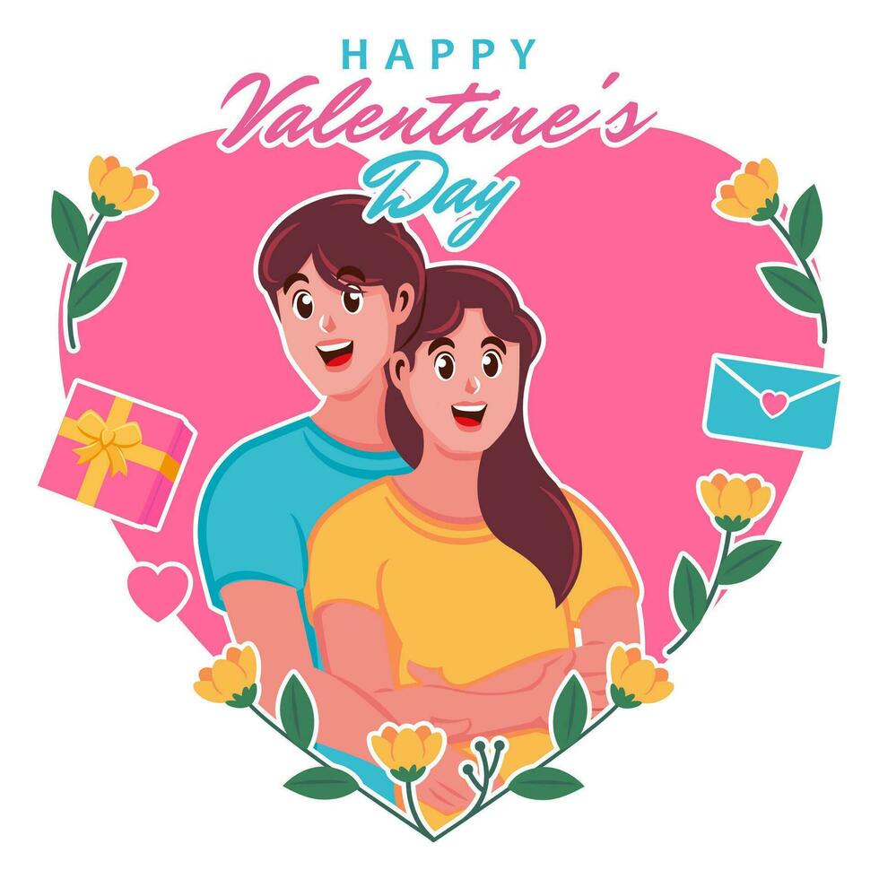 contento San Valentino giorno saluto carta con carino coppia nel amore vettore
