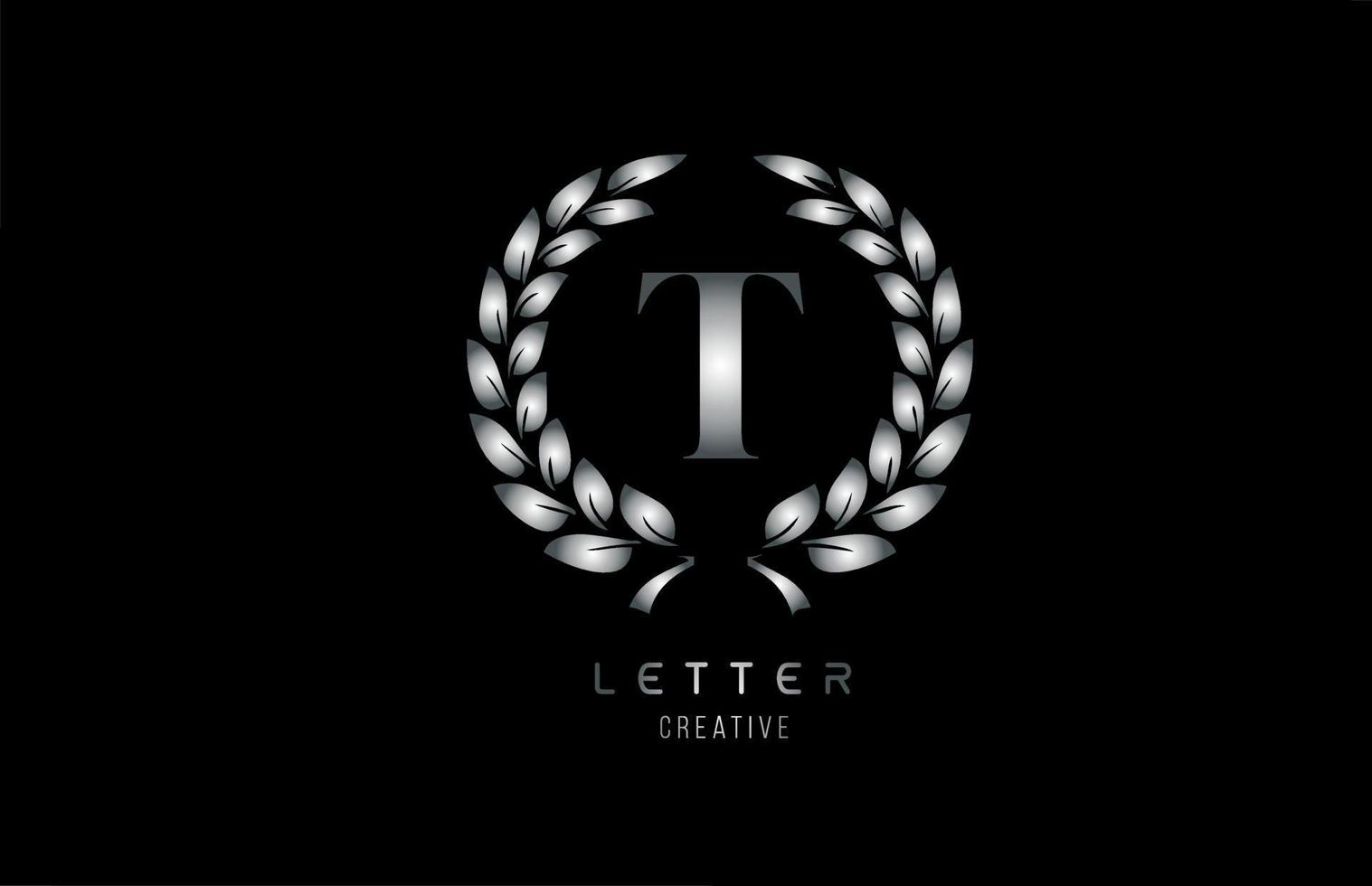 icona del logo della lettera dell'alfabeto t in metallo grigio argento con disegno floreale per azienda e affari vettore